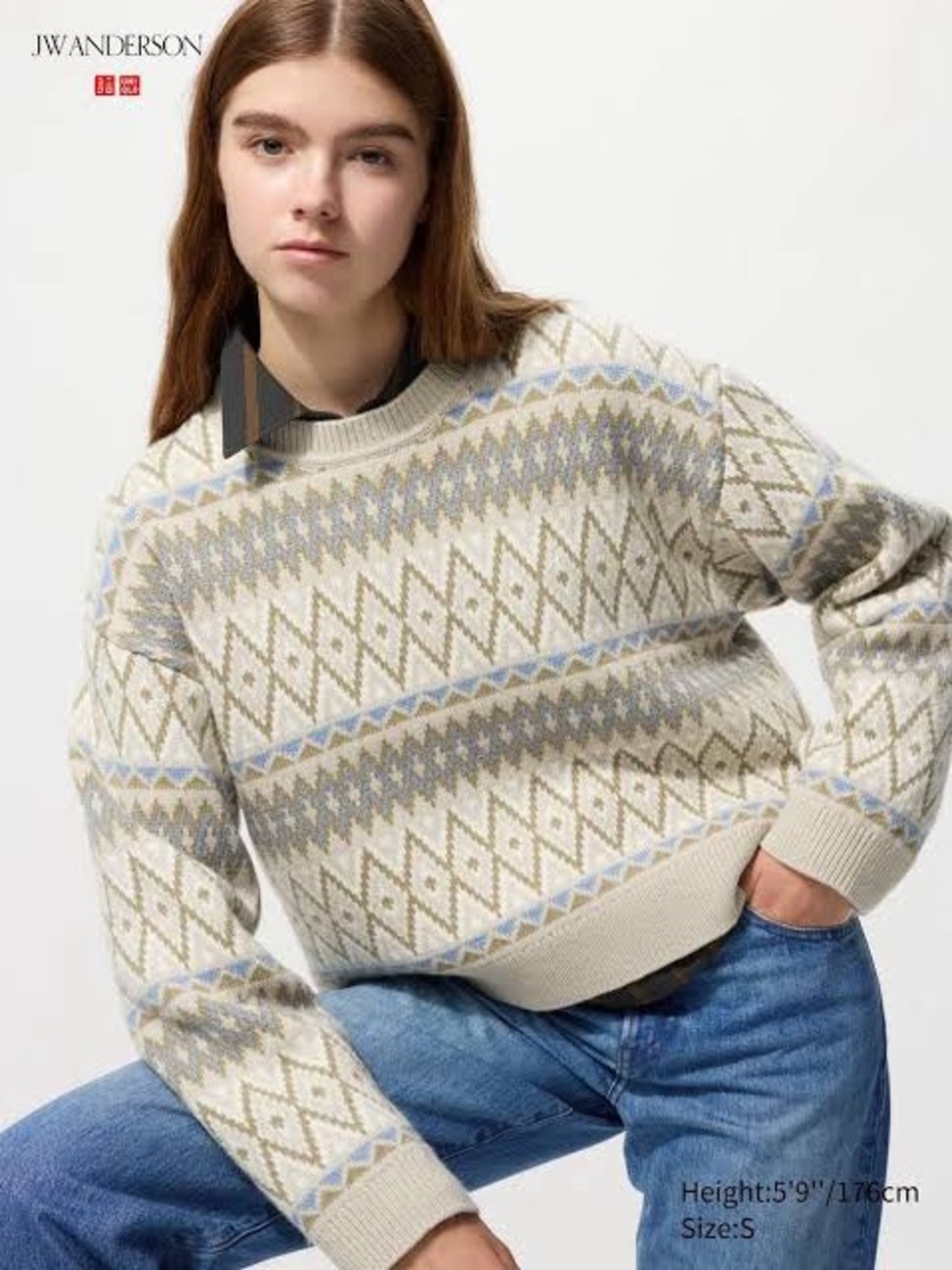 JW ANDERSON Cream Fair Isle Crewneck Sweater with Light Blue & Gray Accents